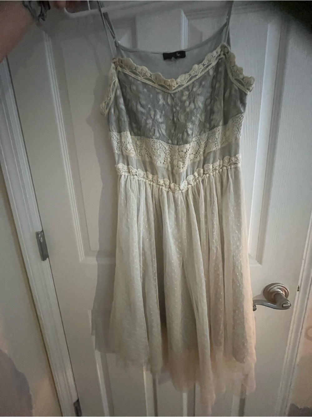 Boho Lace Trim Spaghetti-Strap Dress in Cream and Light Gray